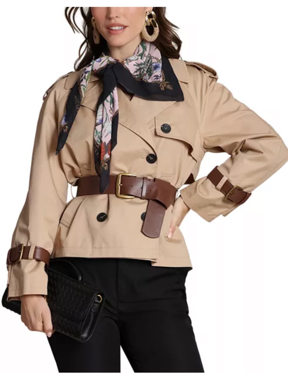 Avec Les Filles Short Trench Jacket with Faux Leather Belt Size Small in Camel